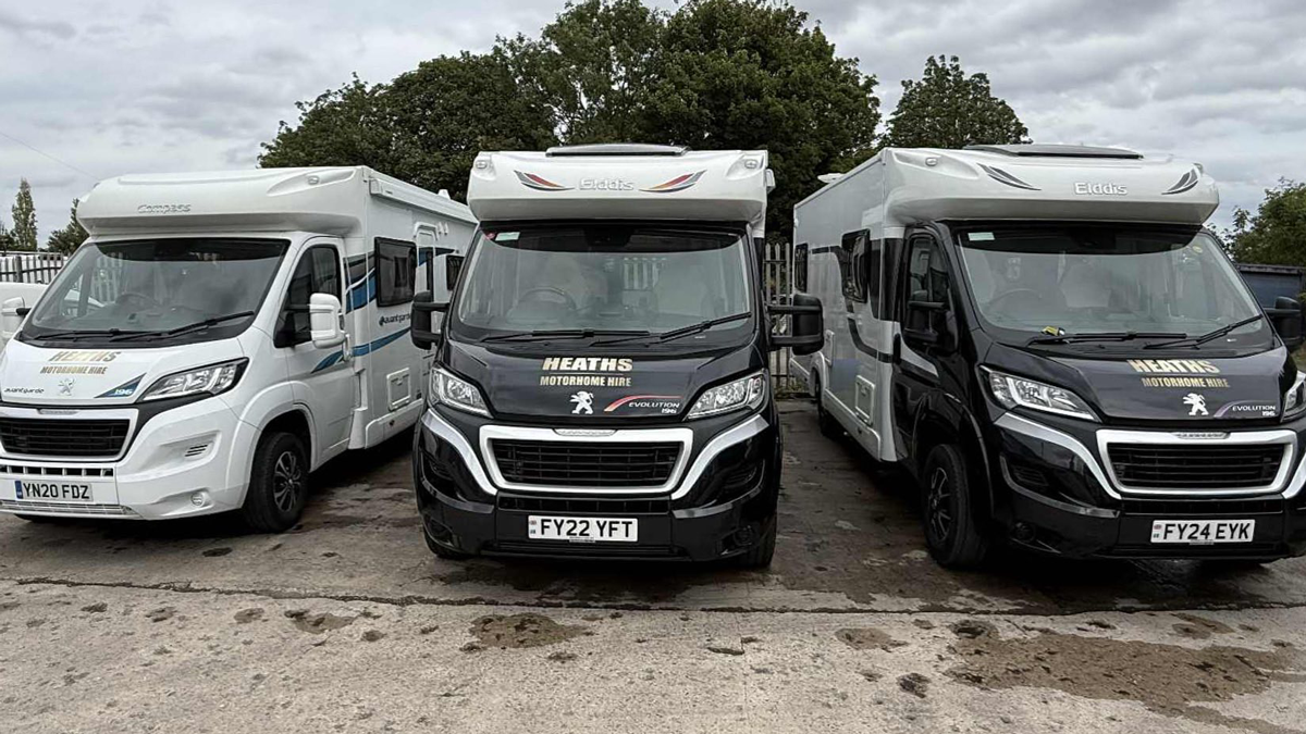 Three Heaths Motorhome Hire Peugeot motorhomes lined up at the Pontefract depot